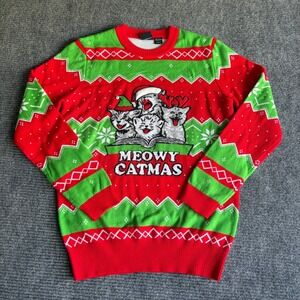 Mad Engine Meowy Catmas Ugly Christmas Sweater Mens Medium Red Green Cats Knit